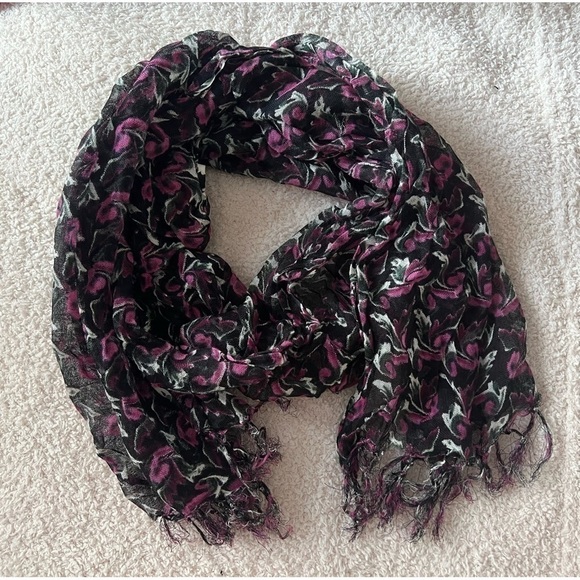 Urban Outfitter Black Pink Floral Woven Lightweight Scarf Shawl Fringe Ends - Picture 2 of 3